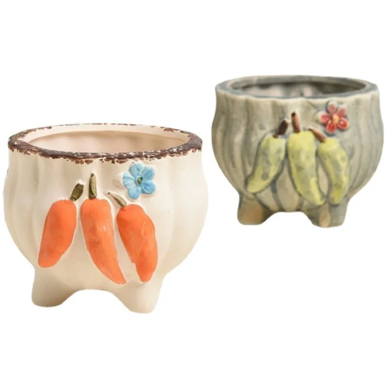 Stoneware breathable small-caliber succulent flower pot in painted ceramic finish, 3-piece set on desktop