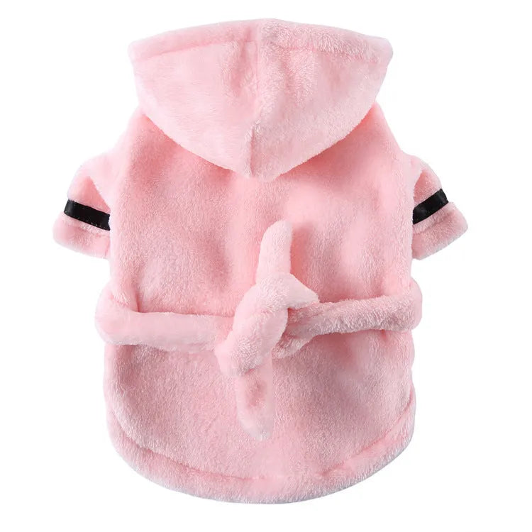 White hooded polyester pet bathrobe for dogs and cats, available in sizes S to XL