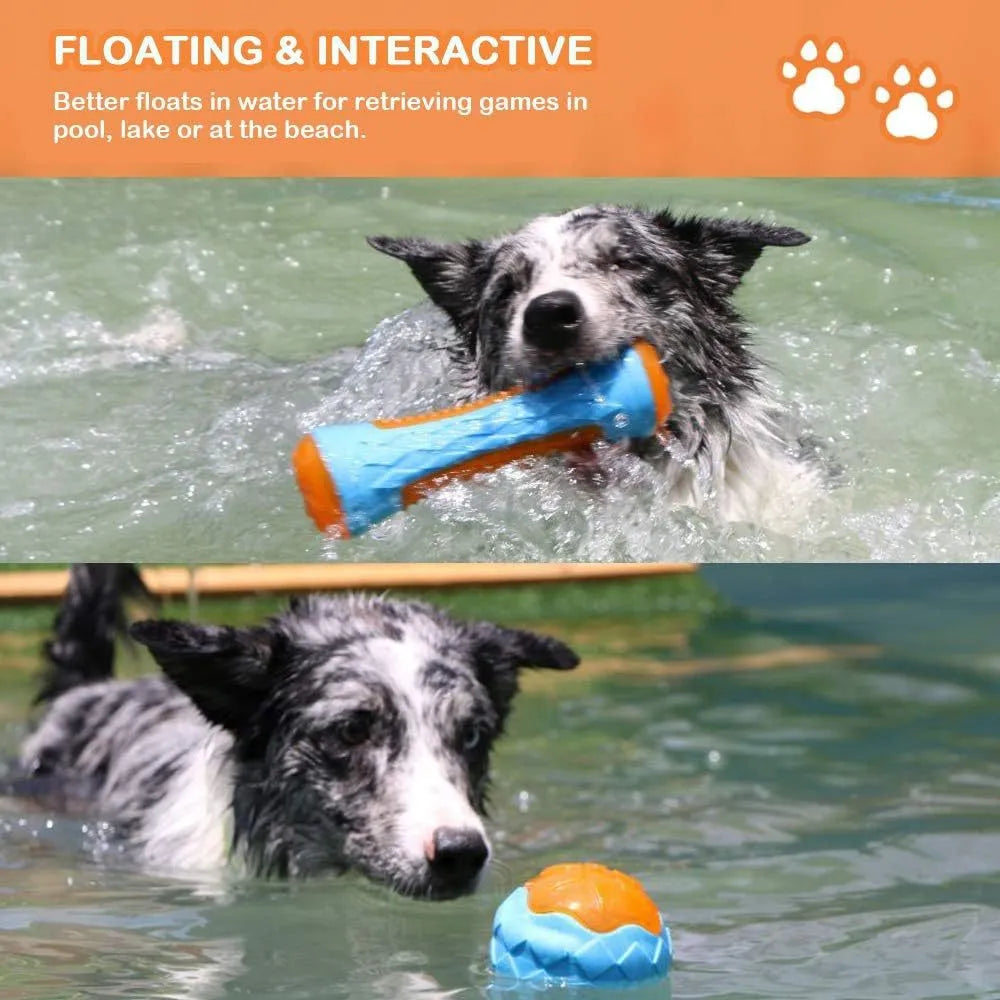 Set of three TPR dog toys: a squeaky tyre, barbell and ball for floating fetch play.