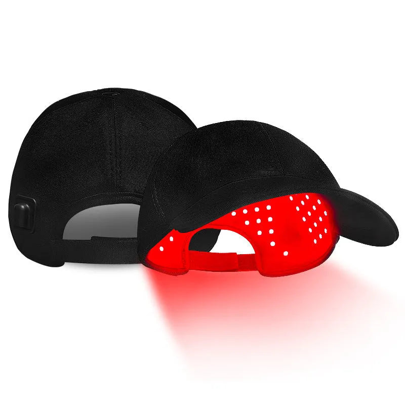 Black duckbill peaked cap with 180 LED light panels for infrared hair growth therapy