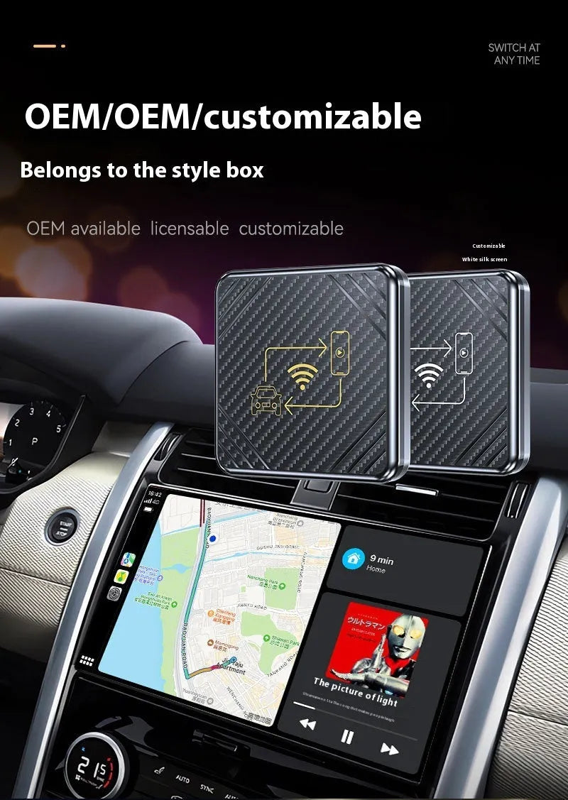 USB wireless CarPlay and Android Auto adapter box in gold and white colours
