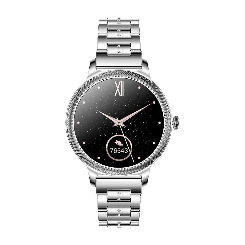 AK38 ladies smart watch with stainless steel Milanese mesh band and colour screen displaying time.