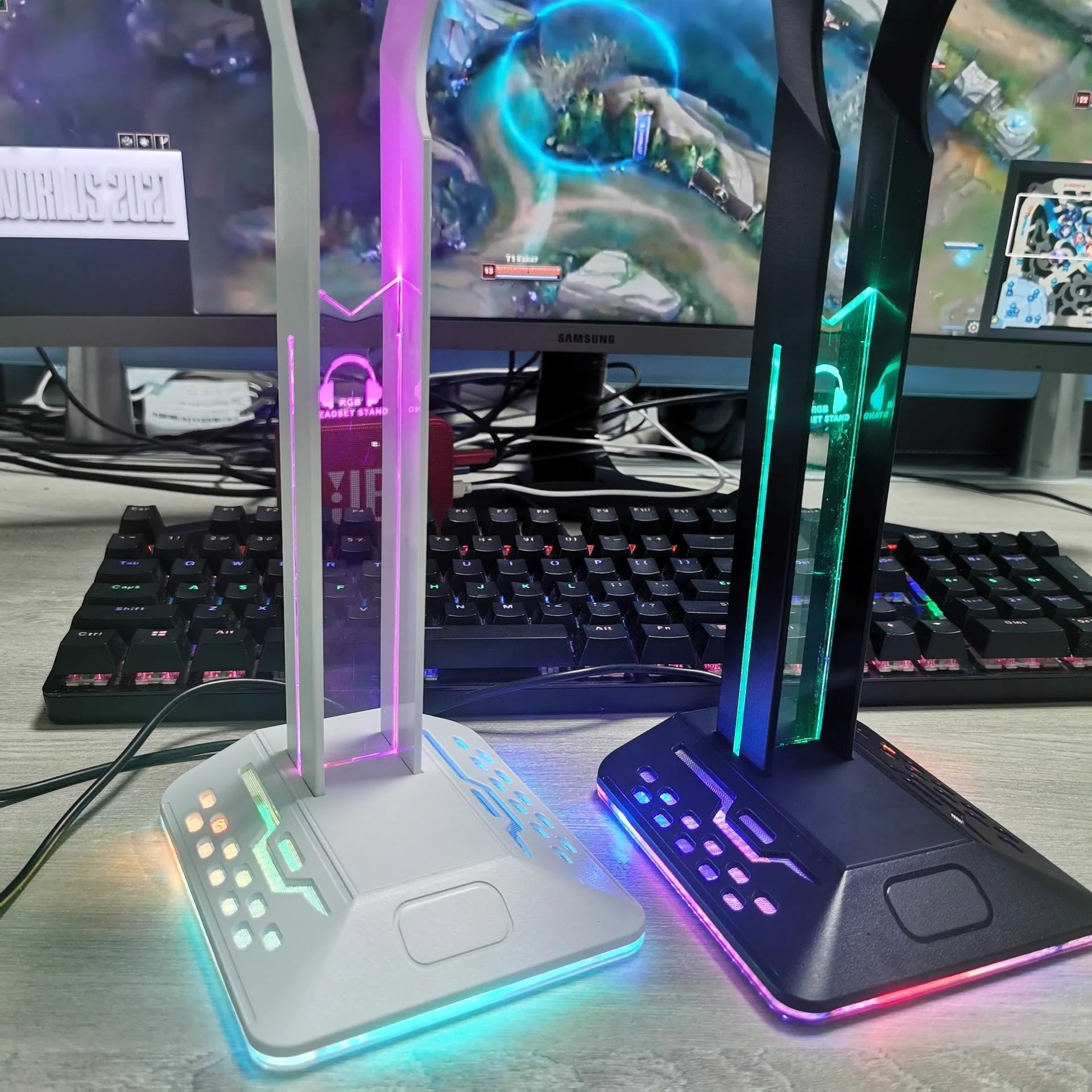 RGB LED headphone display stand with dual USB ports in front, shown in acrylic black finish.