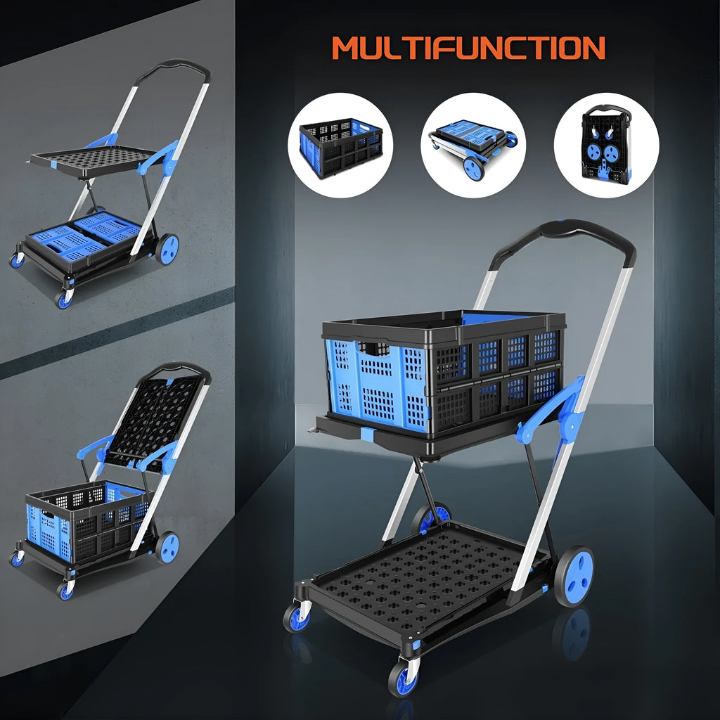 Blue foldable shopping trolley with two plastic baskets, showing its wheeled design and compact frame.