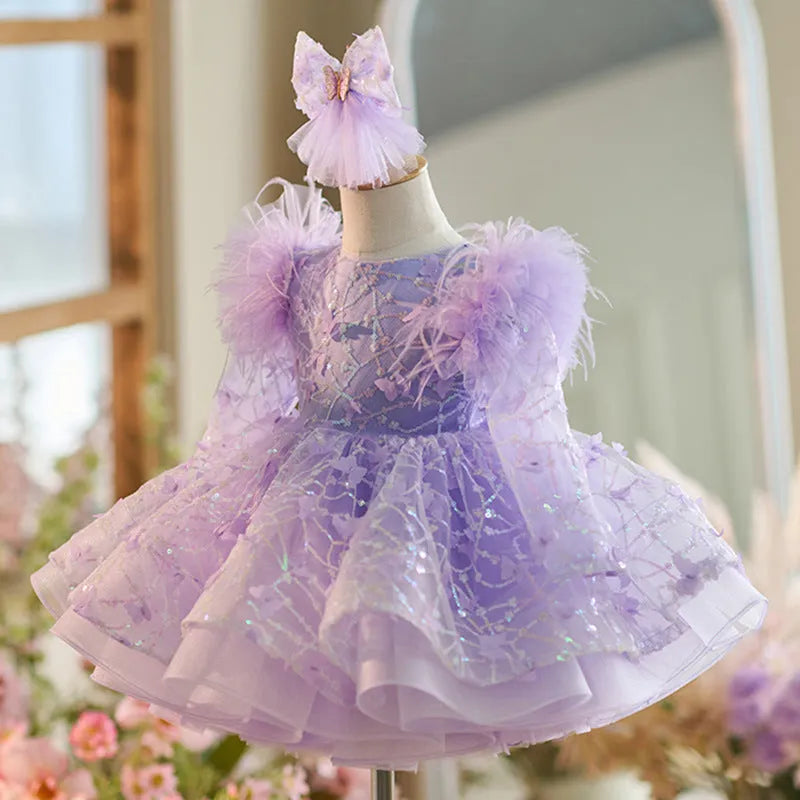 Butterfly sequined long sleeve princess dress for children in dream purple colour, suitable for heights 80cm to 160cm