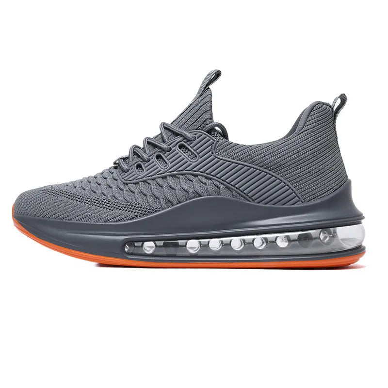 Men's black mesh running shoes with low top, round toe, and lace-up design on rubber sole