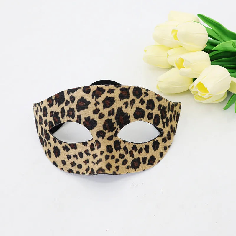 Leopard print half face plastic mask and matching headband set for Halloween costume
