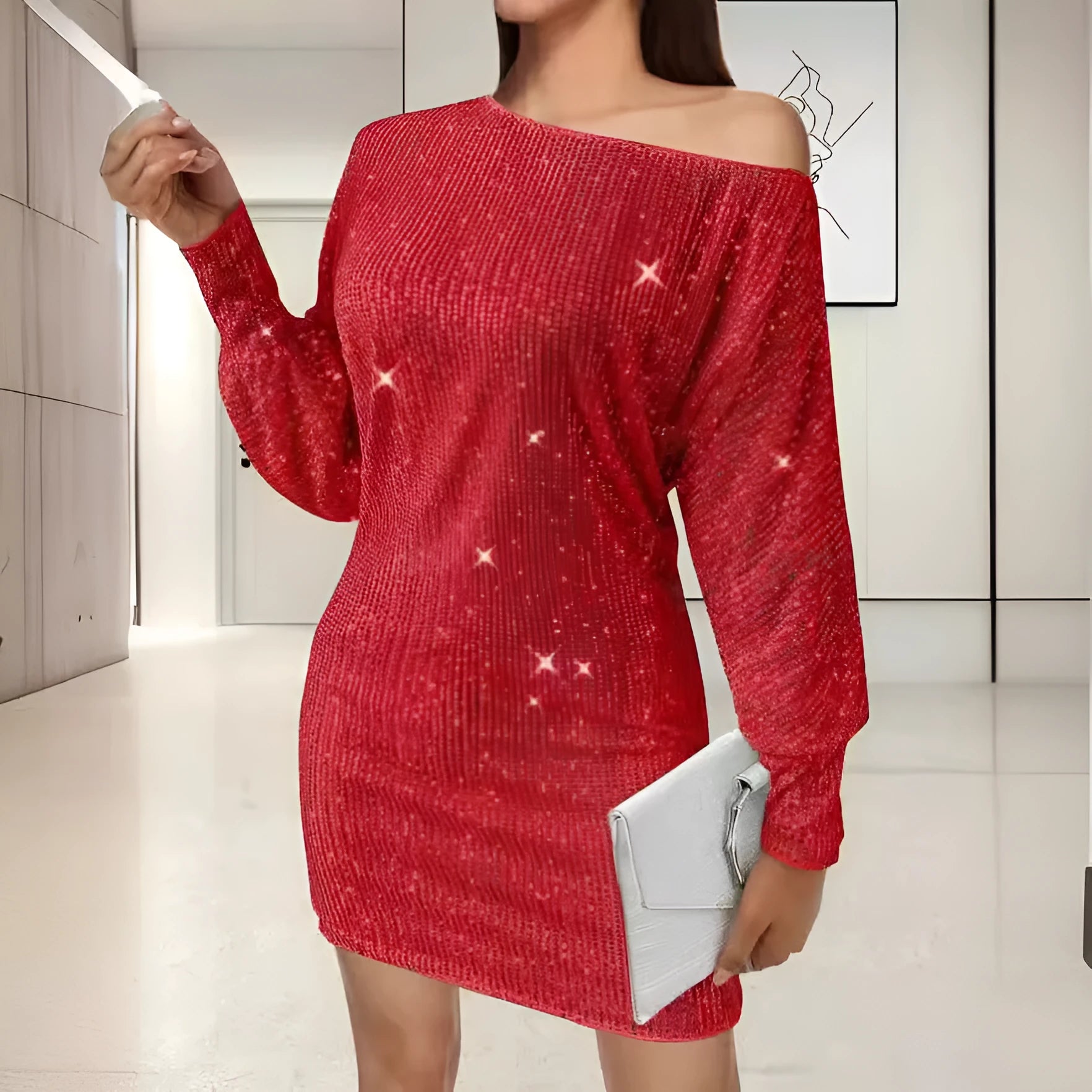 Sequin long sleeve midi dress with one shoulder and asymmetric hem in solid colour