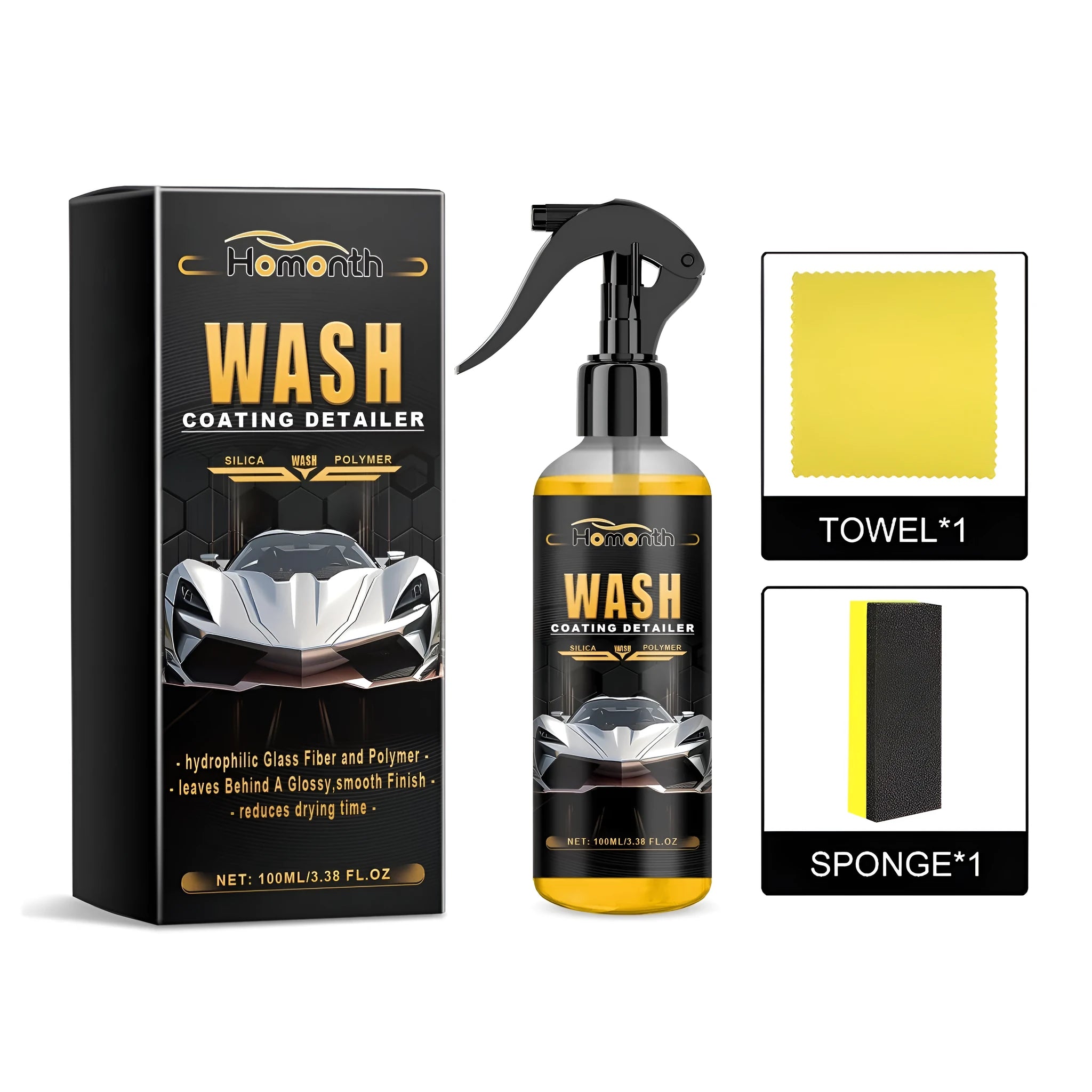 Wash coating detailer kit showing PET bottle, sponge applicator and microfibre cloth for automotive cleaning