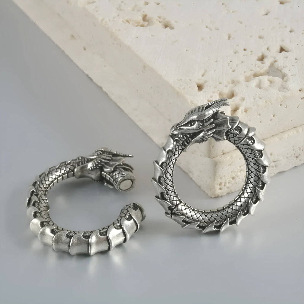 Retro geometric earrings with large copper auricle and hollow-out design in antique silver finish