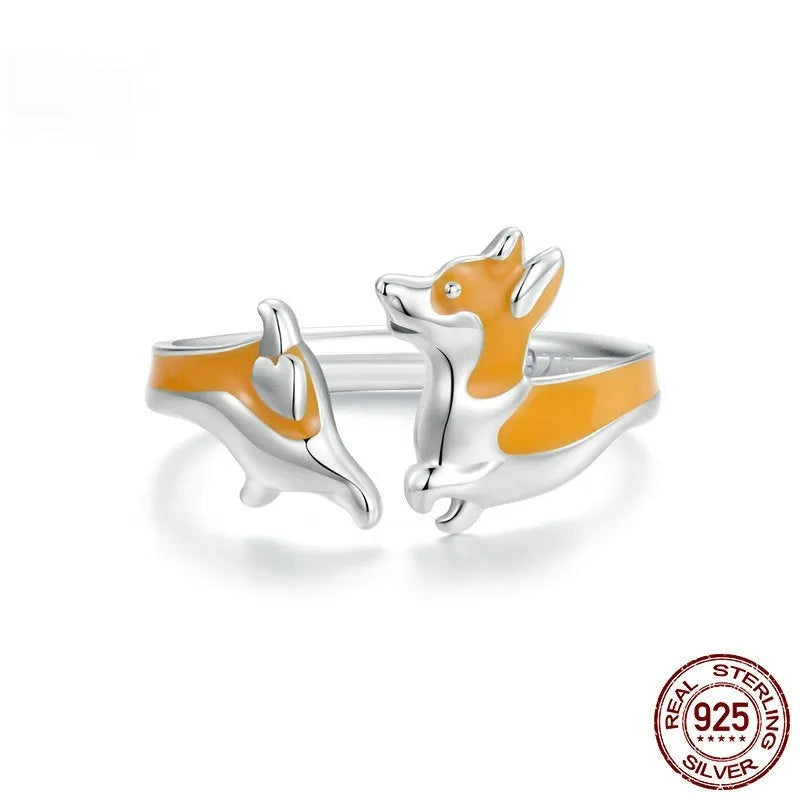 Sterling silver corgi cartoon ring with electroplated SCR1014-E colour for women