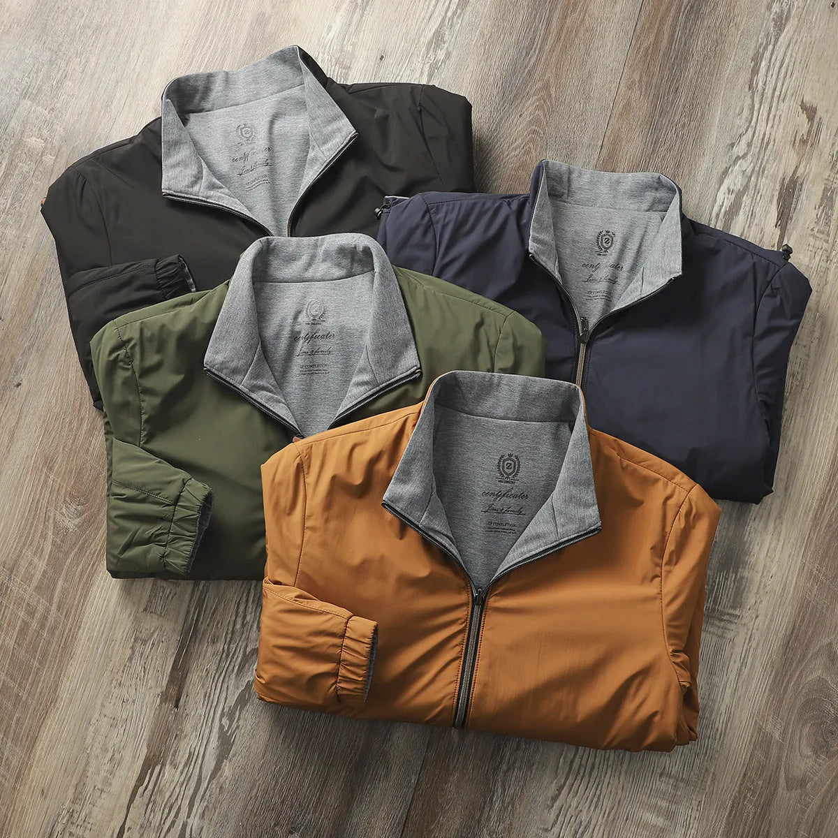 Men's stand collar casual jacket in Army Green, shown on a model, regular fit.
