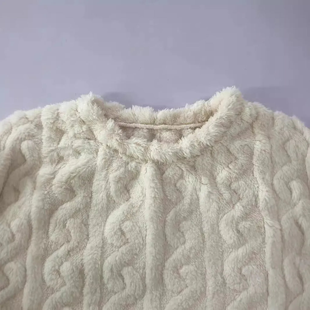 Women's milk white plush two-piece casual set with crew neck top and trousers