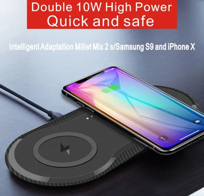 Black dual wireless charging pad charging two smartphones simultaneously with Type-C cable