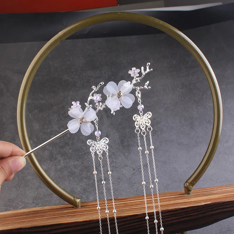 Ancient style Hanfu plum blossom branch tassel hairpin white flower drill clip gold and silver metal