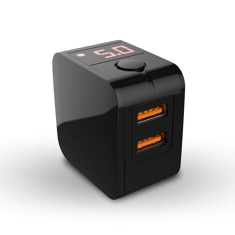 Black 5V2.4A dual USB travel charger with digital display screen and US standard plug.