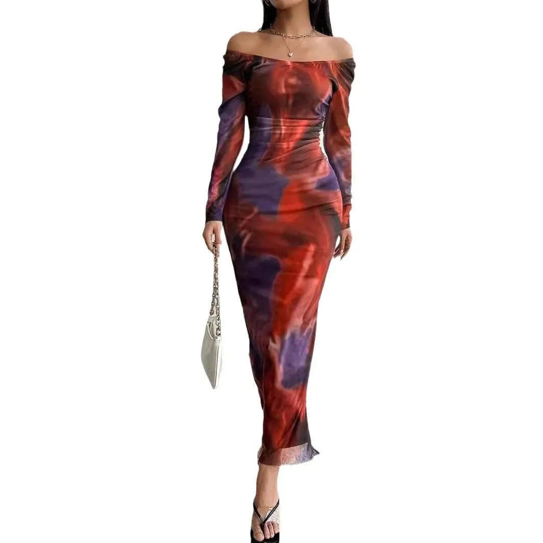 Women's printed pleated fishtail dress with gradient colour mesh fabric and square collar