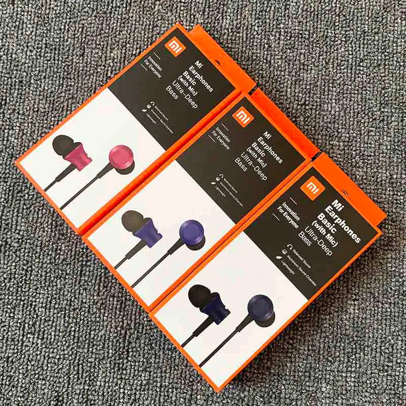 Piston style in-ear wired headphones with 3.5mm plug in black, blue, and red colour options.