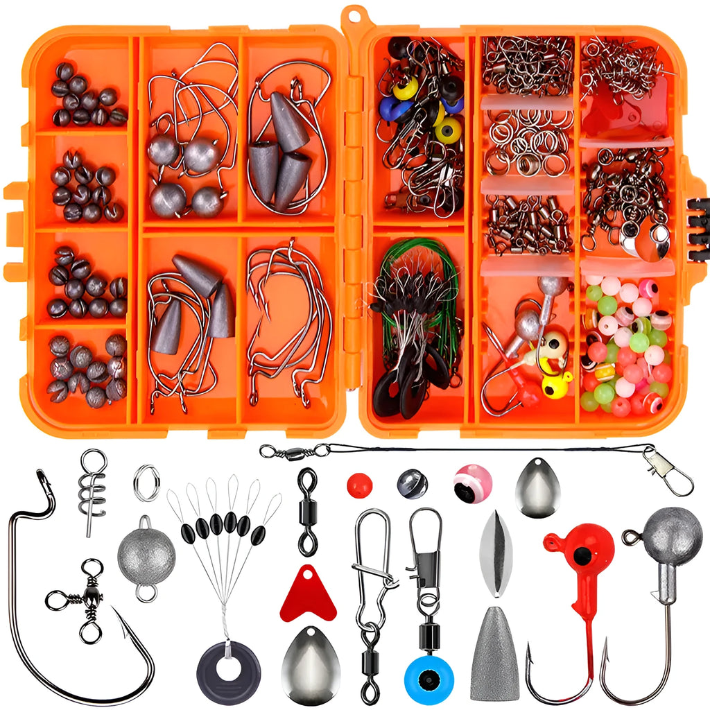 Orange ABS fishing tackle box open to show 257-piece fishhook and lure accessory set