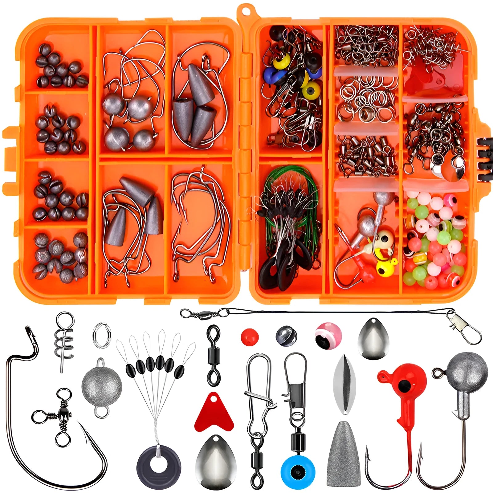 Orange ABS fishing tackle box open to show 257-piece fishhook and lure accessory set
