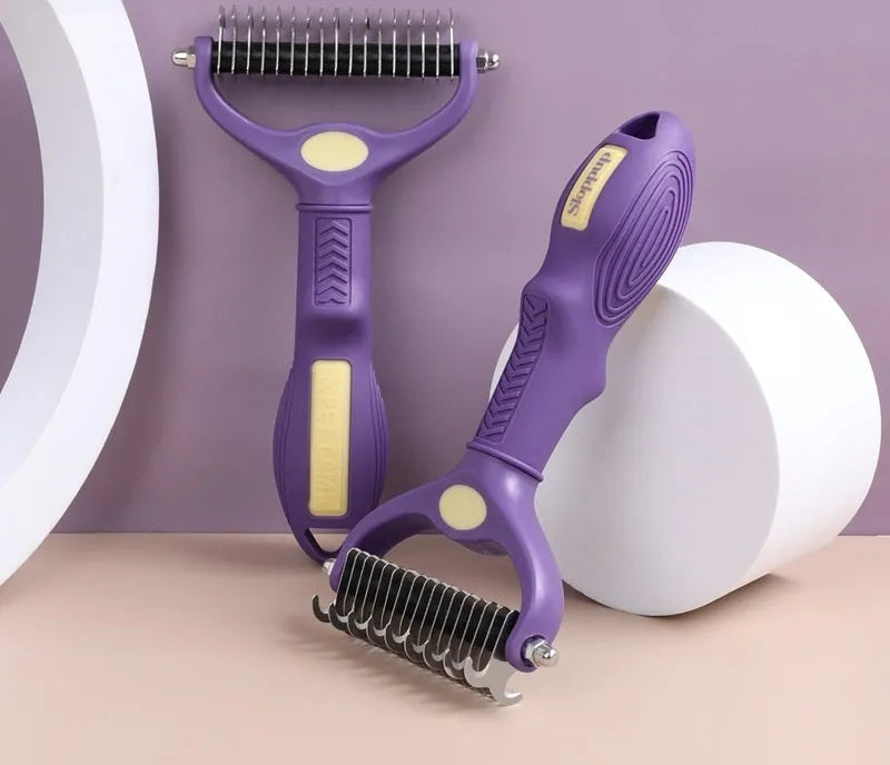 Purple double-sided plastic pet comb for removing knots from dog and cat fur.