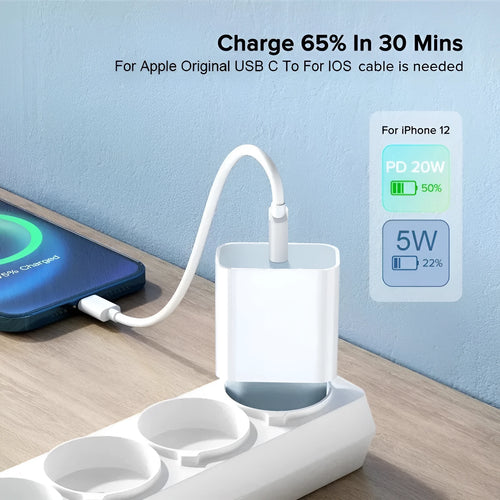 White 20W USB-C PD wall charger with UK three-pin plug.