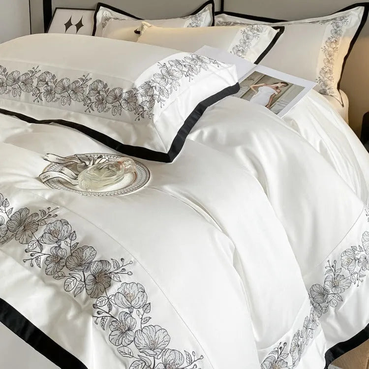 120 thread count long-staple cotton embroidered four-piece bedding set in grey, pink or white for 1.5 m or 1.8 m beds