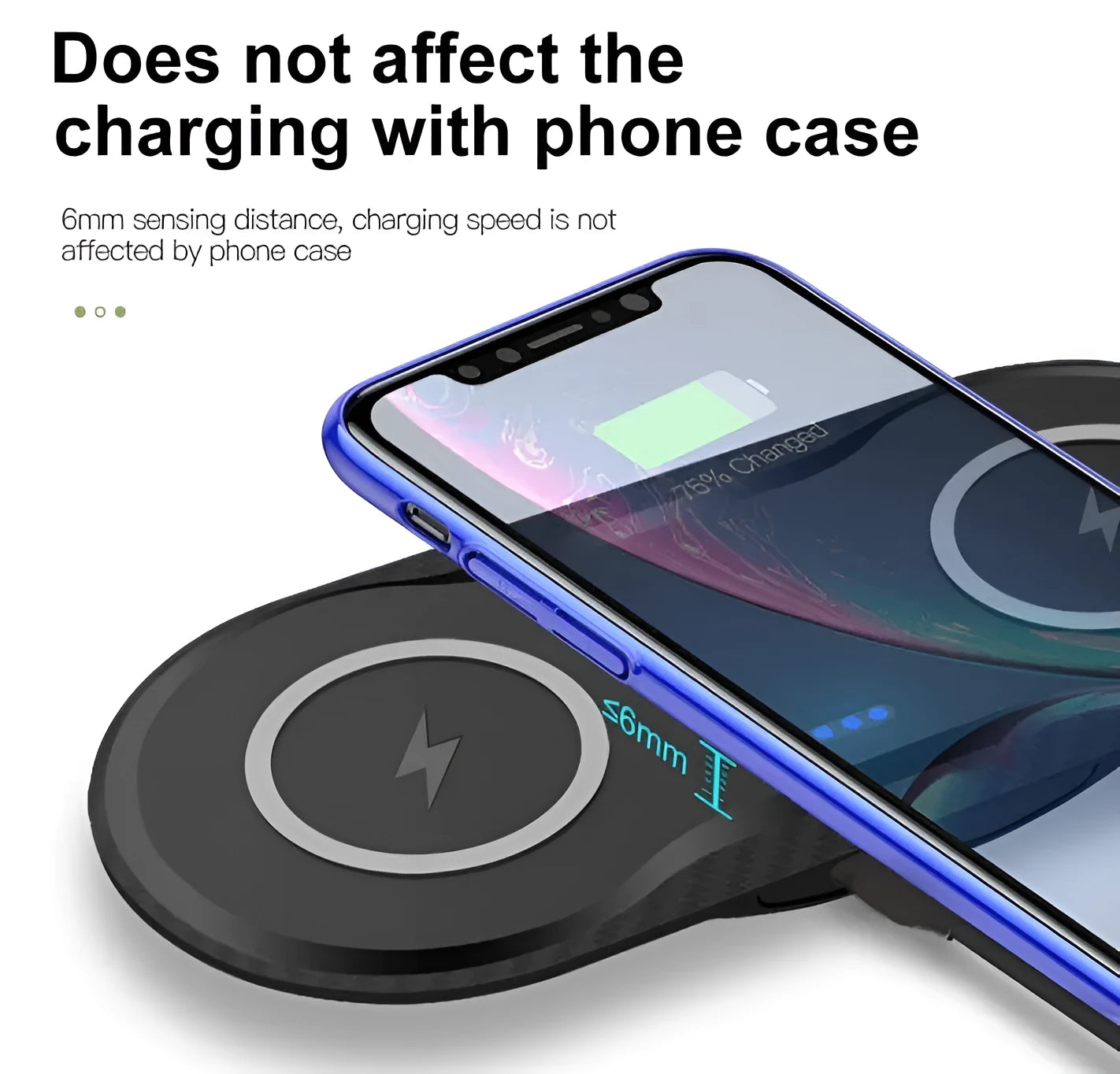 Black dual wireless charging pad charging two smartphones simultaneously with Type-C cable