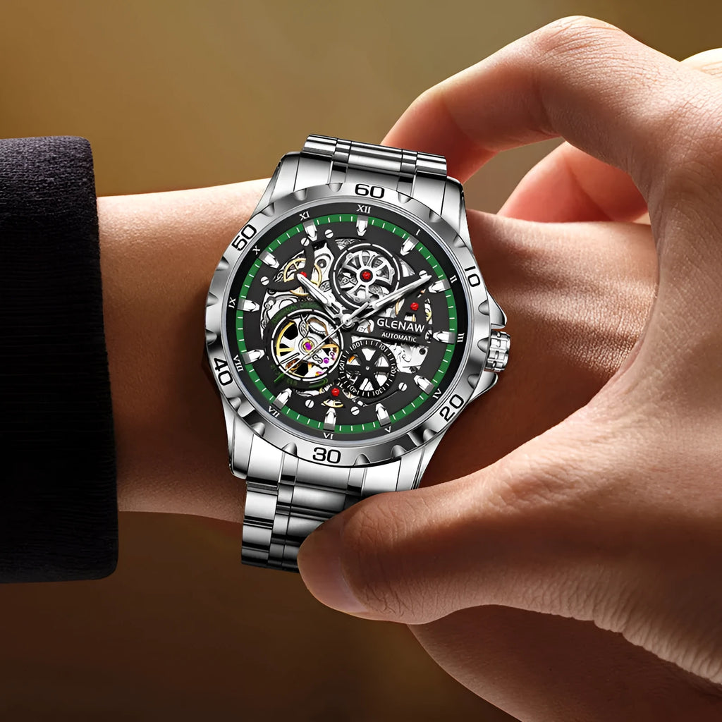 Men's automatic skeleton watch with luminous markers and stainless steel strap