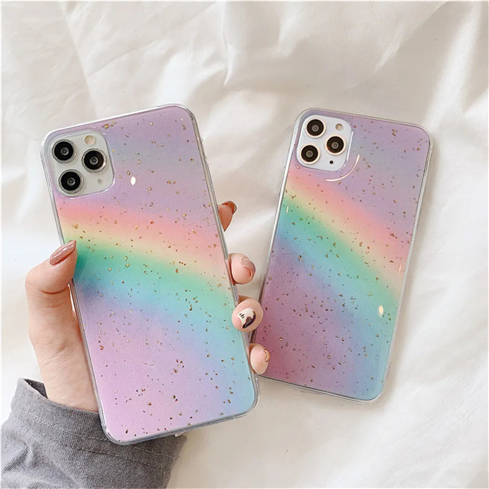 Rainbow gradient striped TPU protective case for iPhone models on a white background.