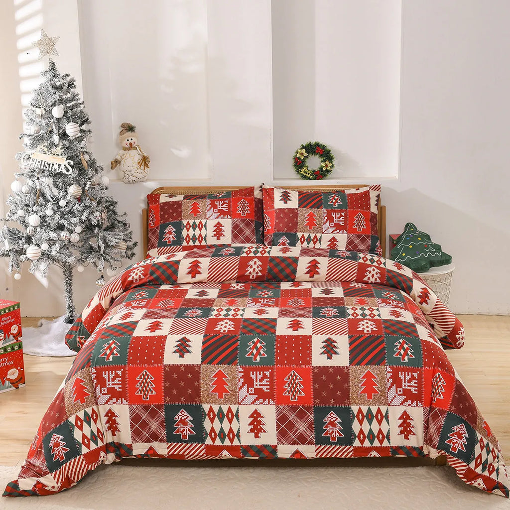 Christmas red plaid patterned duvet cover and pillowcases on a bed, showing European bed cover style.