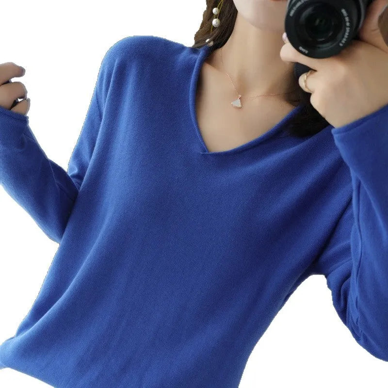 Women's V-neck long sleeve knitwear top in turmeric colour with pullover style and non-ironing fabric