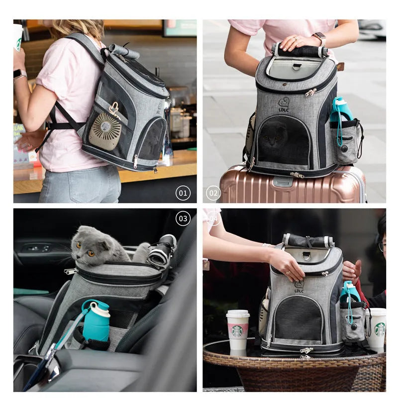 Breathable pet backpack in gray, showing mesh ventilation panels and zippered entry, for cats and dogs up to 20 kg