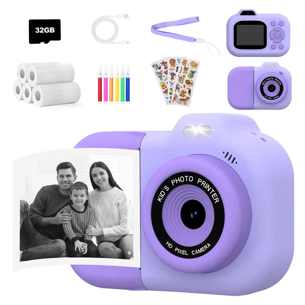 Children's toy camera for video and photos in blue, pink, or purple plastic with games and sticker functions.