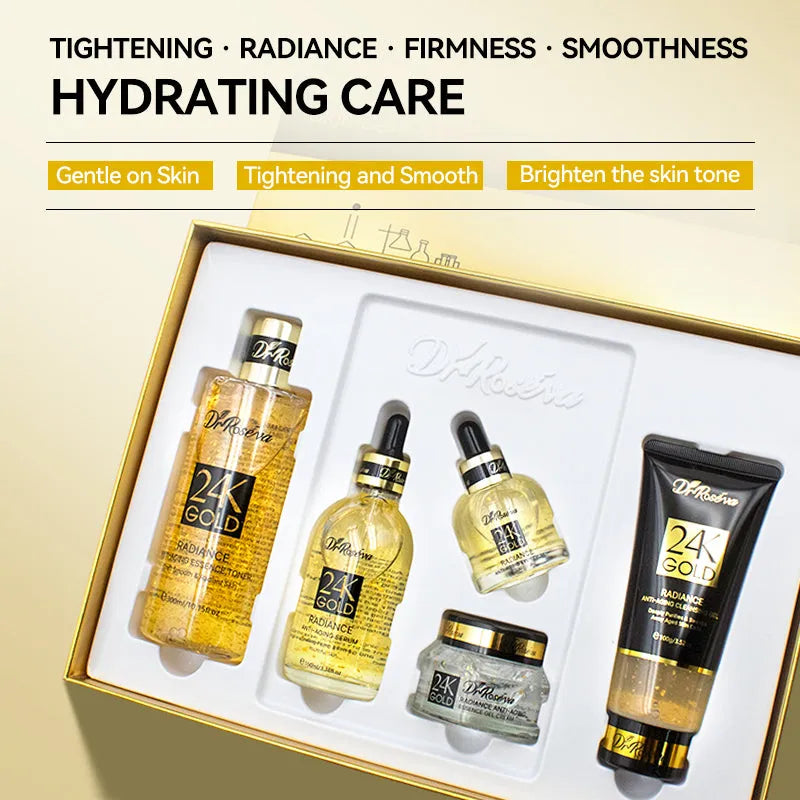 Dr Roseva 5 piece 24K gold radiance luxury skincare gift box with hyaluronic acid and niacinamide serum
