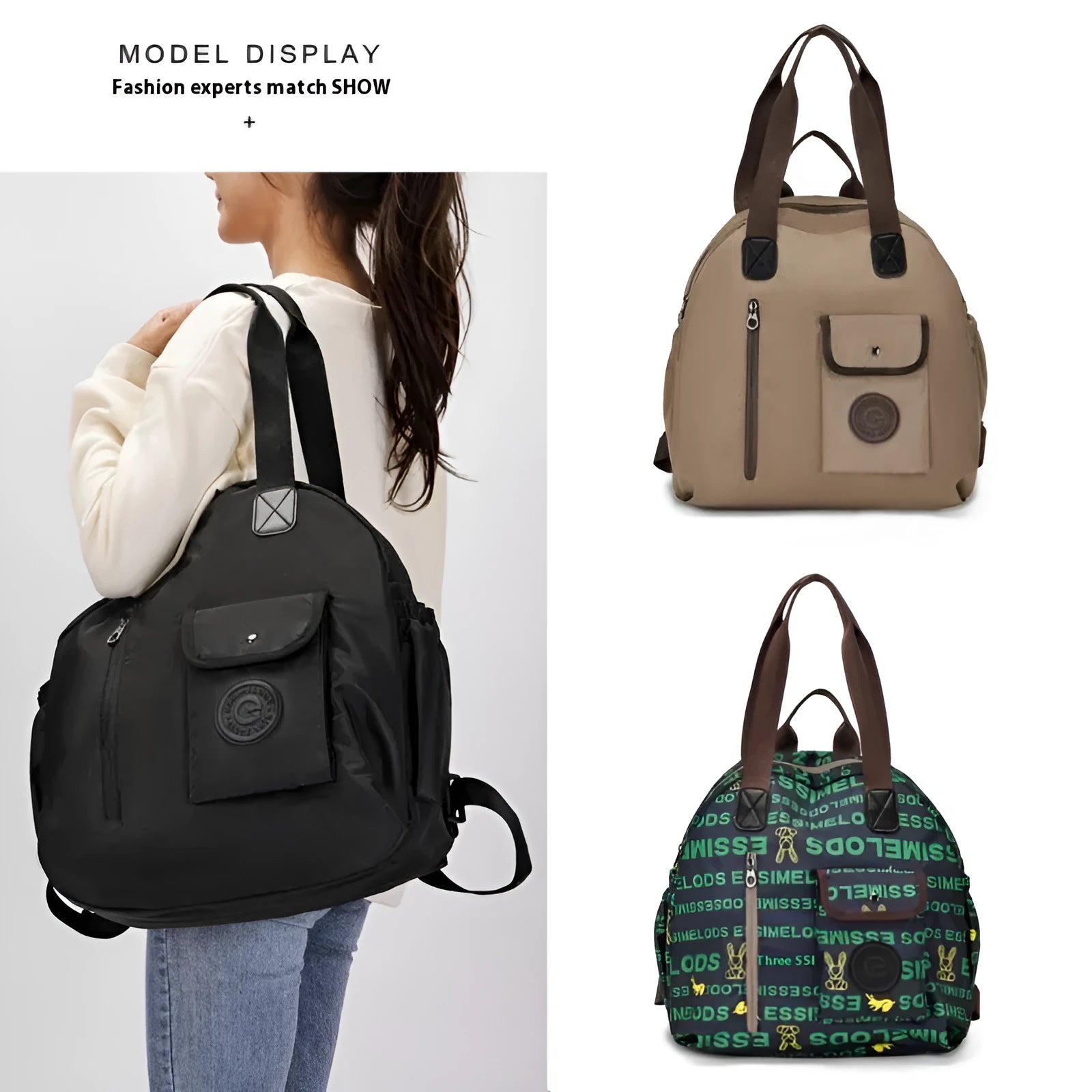 Large 48cm nylon backpack in black, khaki, or green with sandwich pocket design
