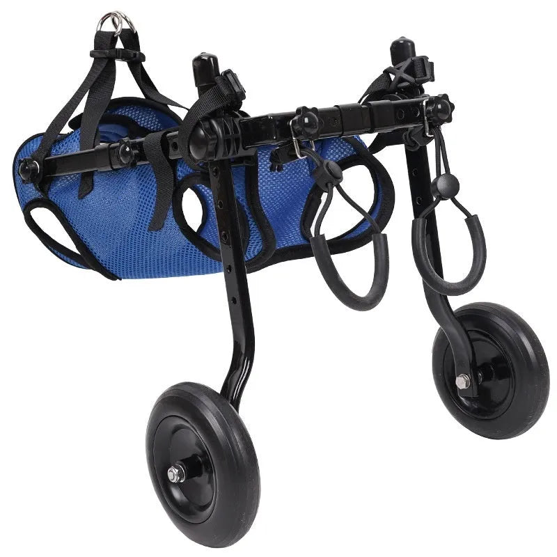 Blue dog wheelchair scooter made from aluminium alloy, PP, and polyester, available in sizes S, M, and XS.