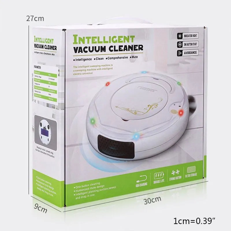 Blue robotic floor vacuum cleaner with dust box on hard wooden flooring