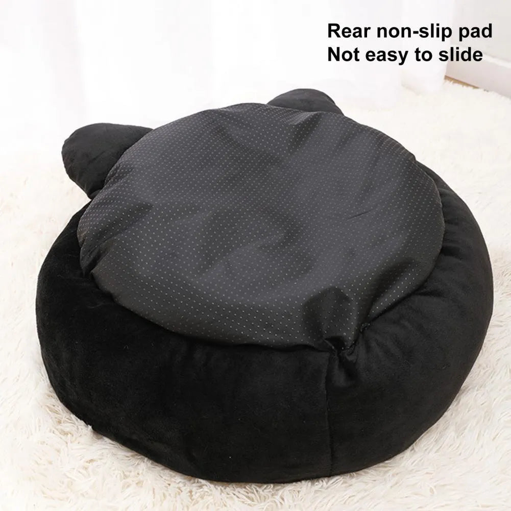Black cat shape velvet pet nest bed with raised edges for cat head and neck support