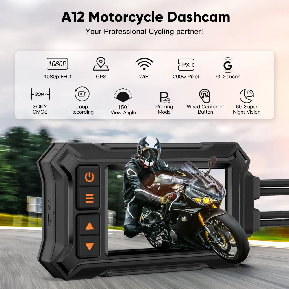 Motorcycle dash cam system with 3-inch screen, dual lenses, GPS module, and handlebar controller