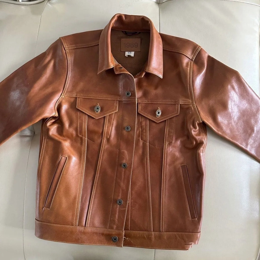 Men's cowboy leather jacket in black or coffee colour, cowhide genuine leather, no lining, ultra-short length 40cm or less