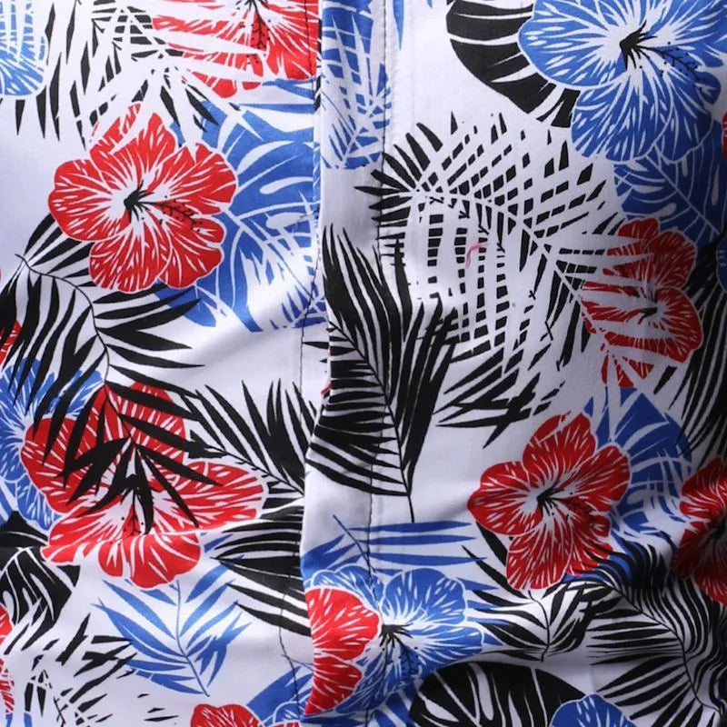 Men's summer beach short-sleeved floral shirt with square collar in blue and white polyester