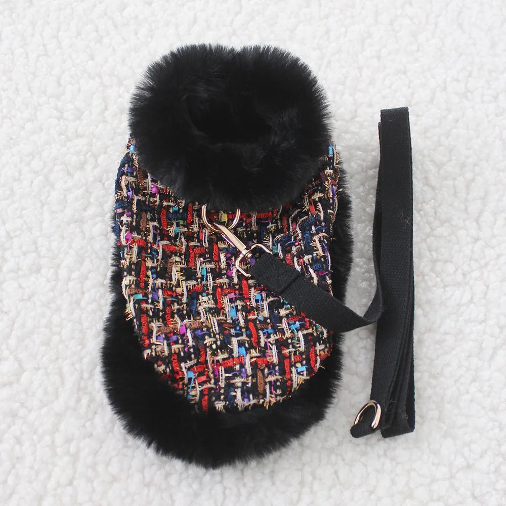 Dog wearing a classic-style cloth cloak chest strap with an attached hand holding rope, shown in beret design.