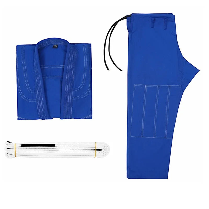 Thin cotton blend Brazilian Jiu-Jitsu training wear set showing top and trousers in available colours.