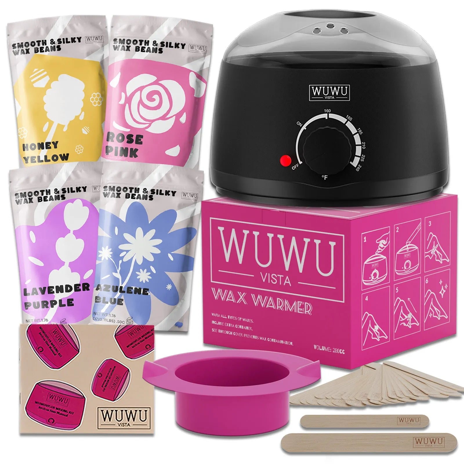 27 piece hair removal waxing kit with digital warmer, four coloured wax bead pots, and applicator sticks