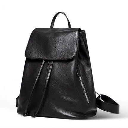 Genuine leather women's backpack in black with multiple internal compartments and waterproof finish