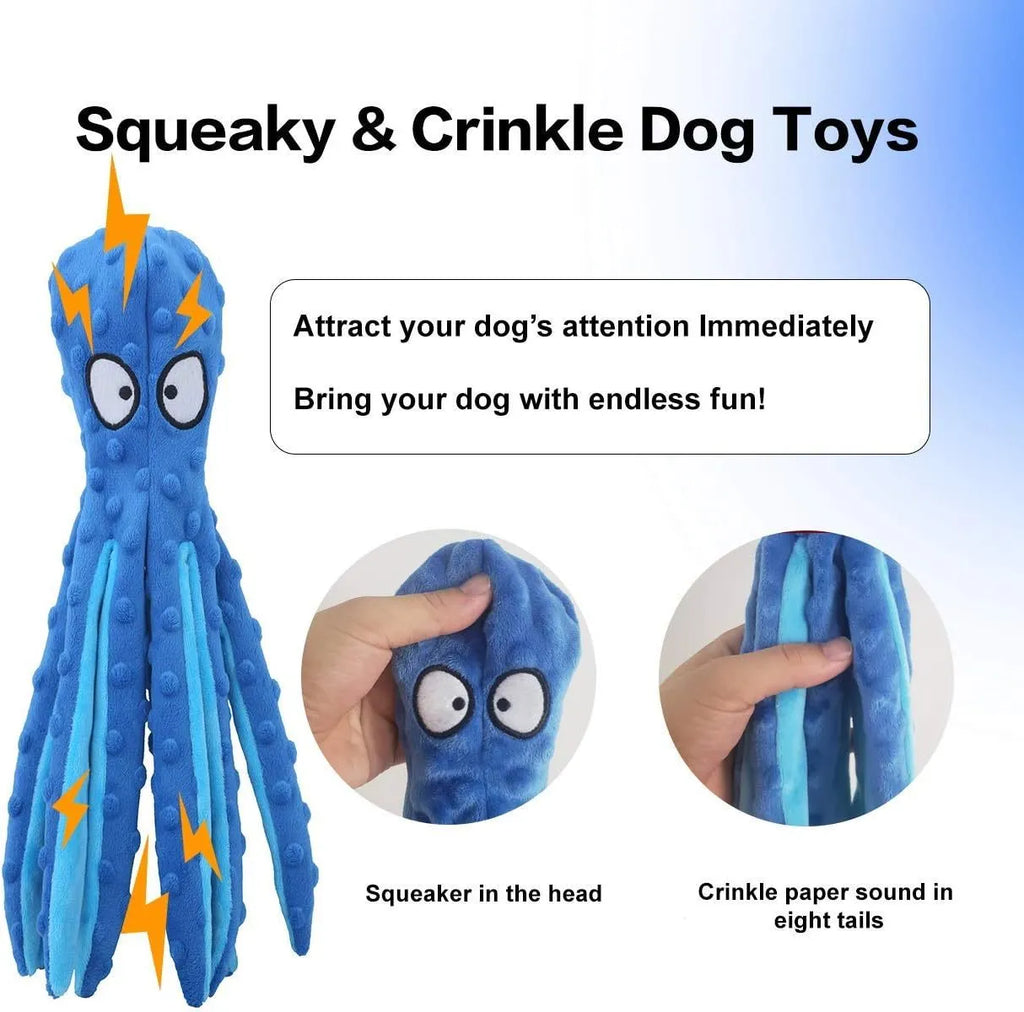 Blue octopus-shaped plush dog toy with crinkle paper and squeaker, no stuffing, for small medium large dogs.