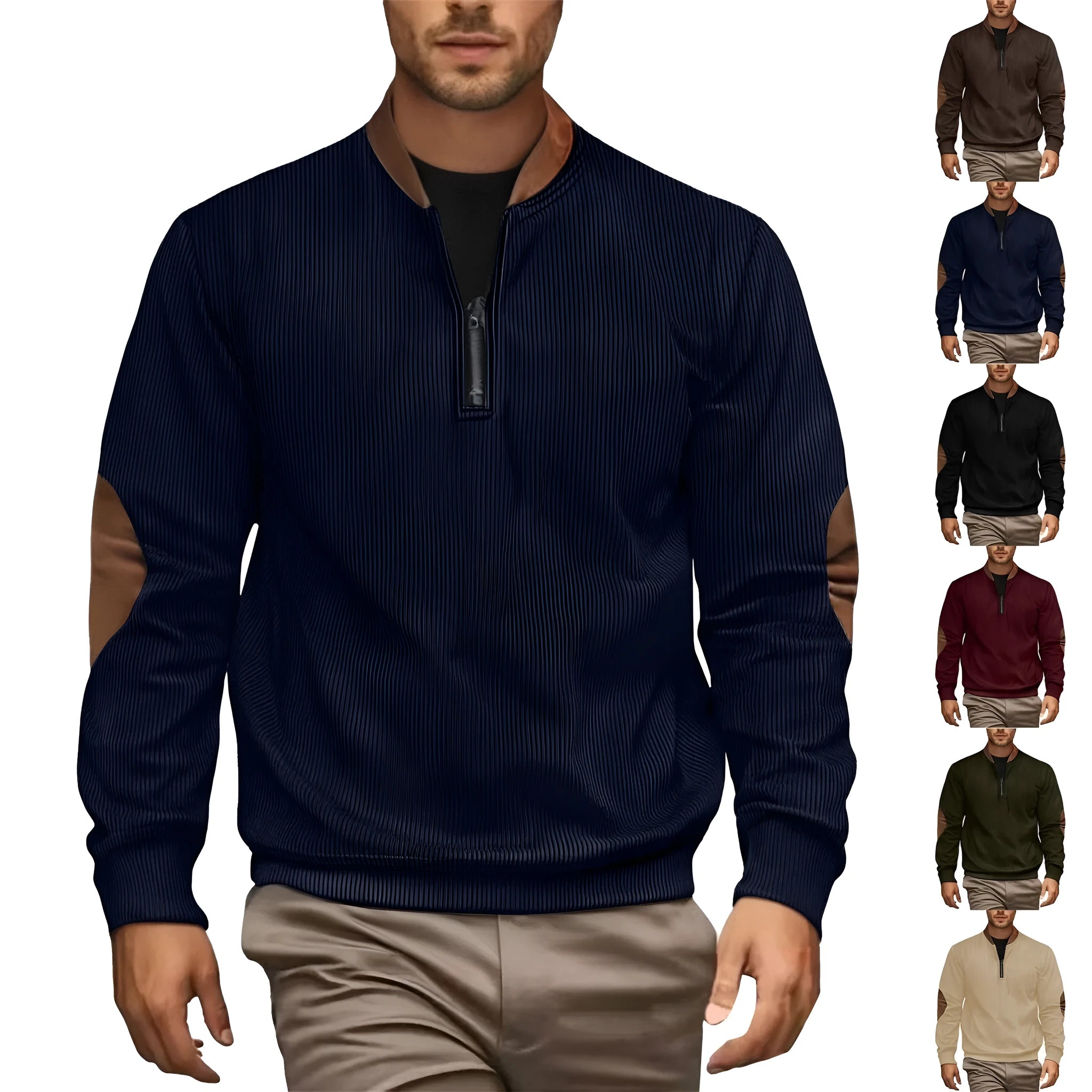 Men's corduroy pullover zip-up jacket in army green with long sleeves and no hood, front view