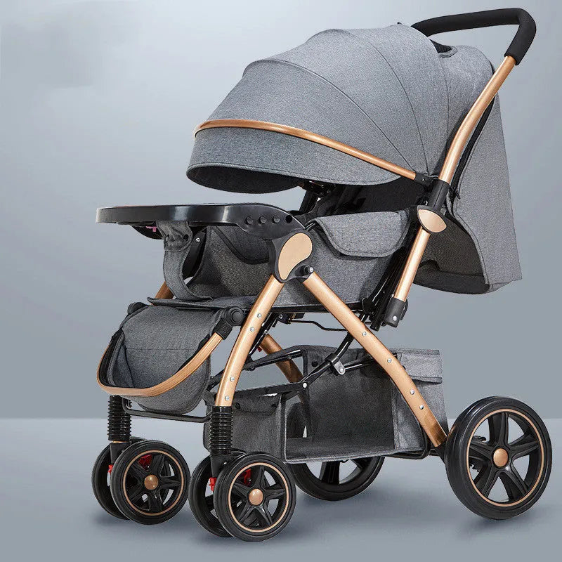 Lightweight folding reversible baby stroller with four-wheel shock absorption in multiple colour options