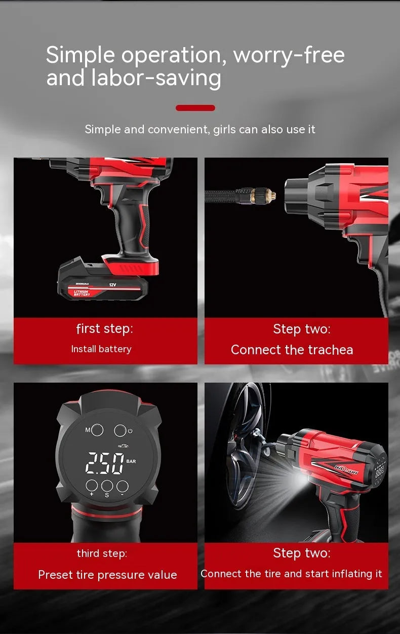 Red and black wireless car air pump with digital display, power cable, and multiple nozzle attachments